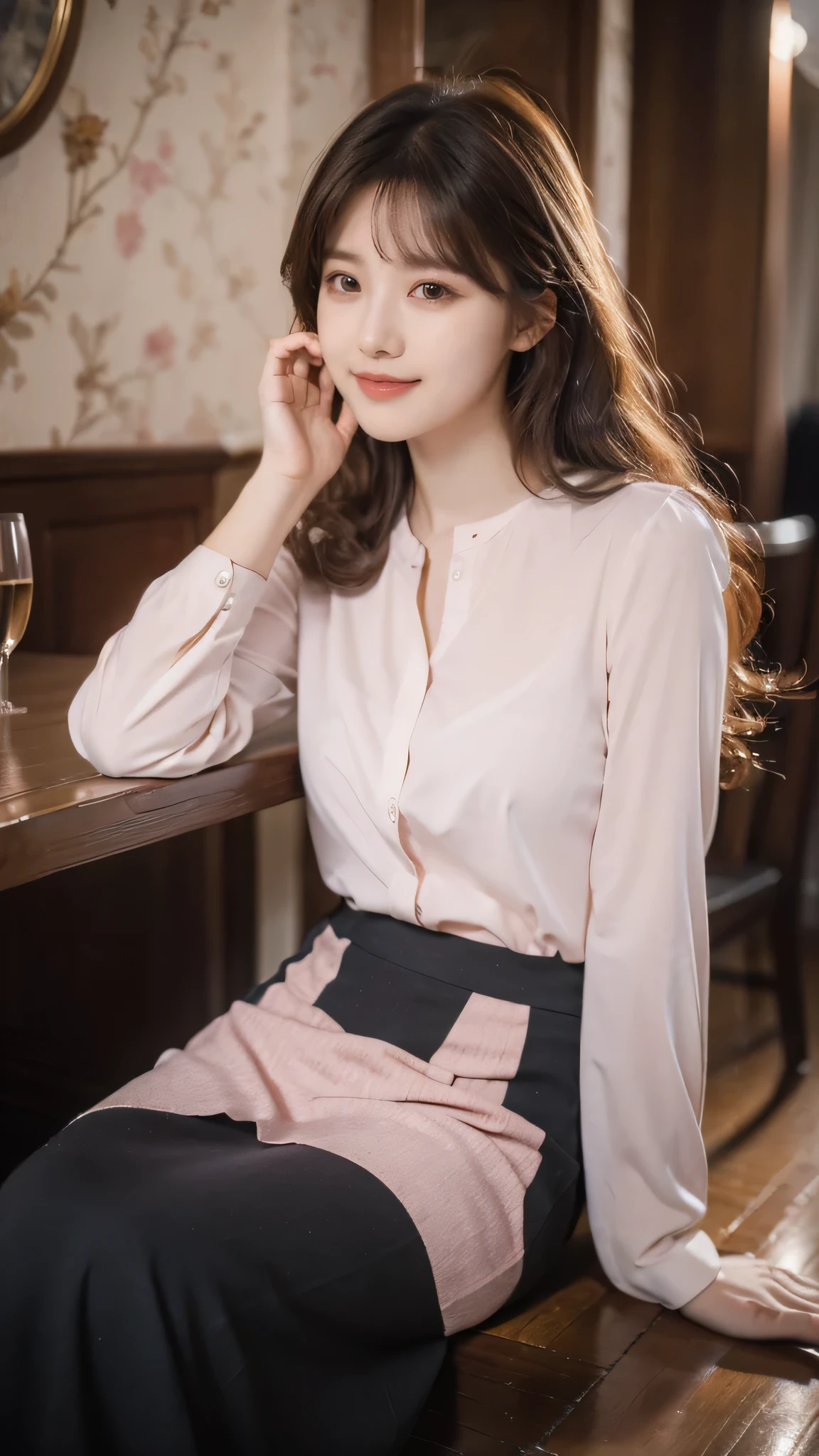 detailed background, masterpiece, best quality, 1 person , curly hair, long hair, purple eyes, star in eye, pink blouse, long  skirt, sitting on dinning table.