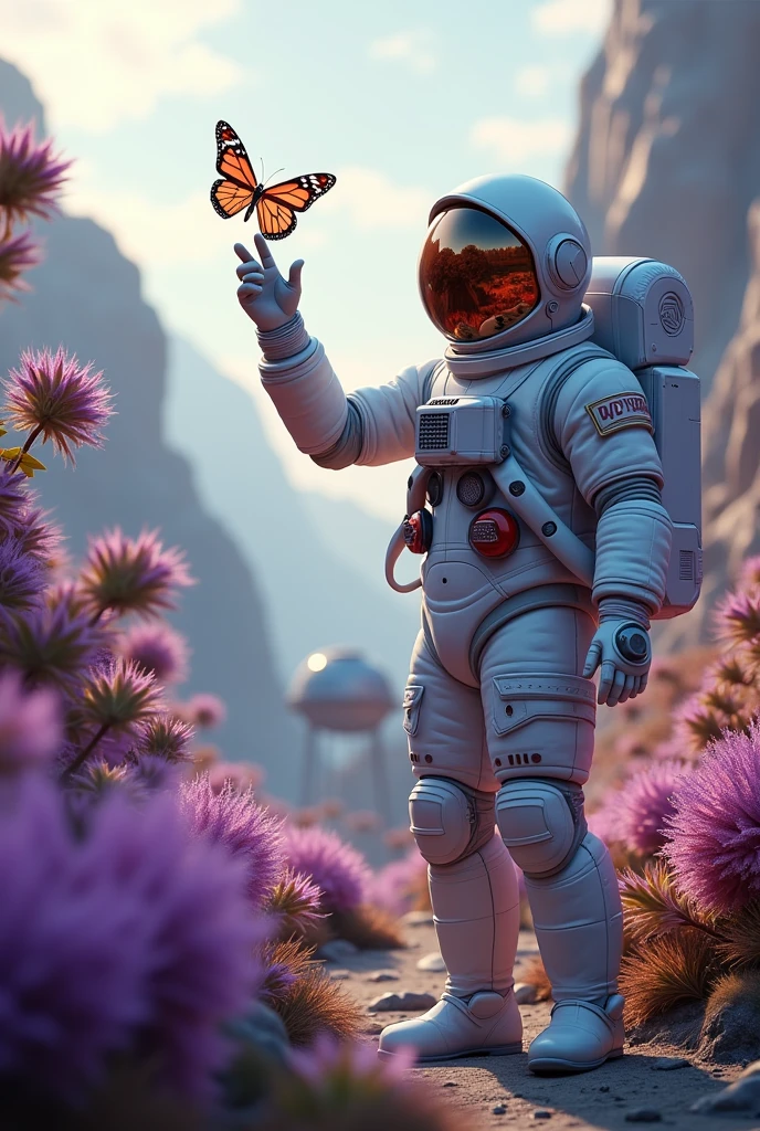 High quality best quality astronaut from the front one arm raised almost touching a butterfly just one butterfly almost at the astronaut's fingertips garden from another planet plants from another planet no flowers other plants in place color of plants purple Helmet lens reflecting the environment Astronaut a pod from far away and from the front long plants avatar type