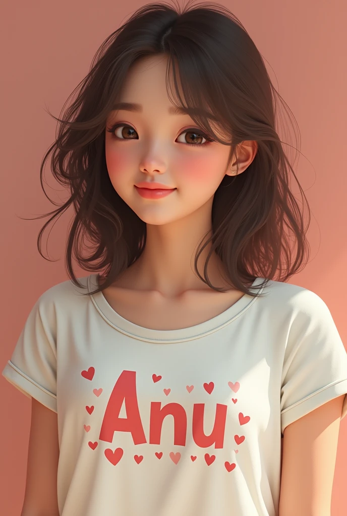 A women with specs written 'Anu' on her tshirt with hearts surrounded