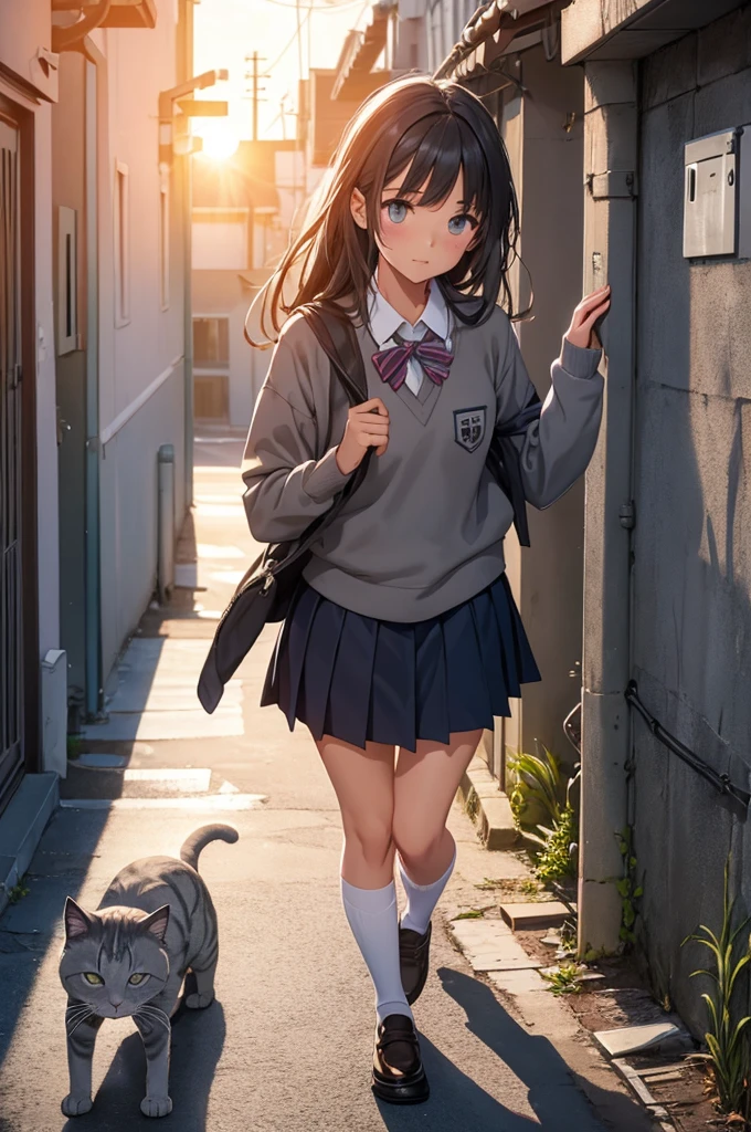 girl in school uniform touching a grey cat, alleyway, sunset, close up