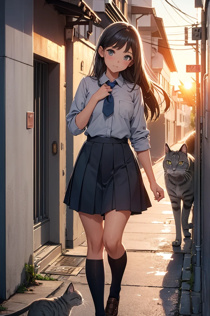 masterpiece, best quality, extremely detailed, Woman, black hair, apron, on the street, ((a cat running away with a fish in its mouth)),
