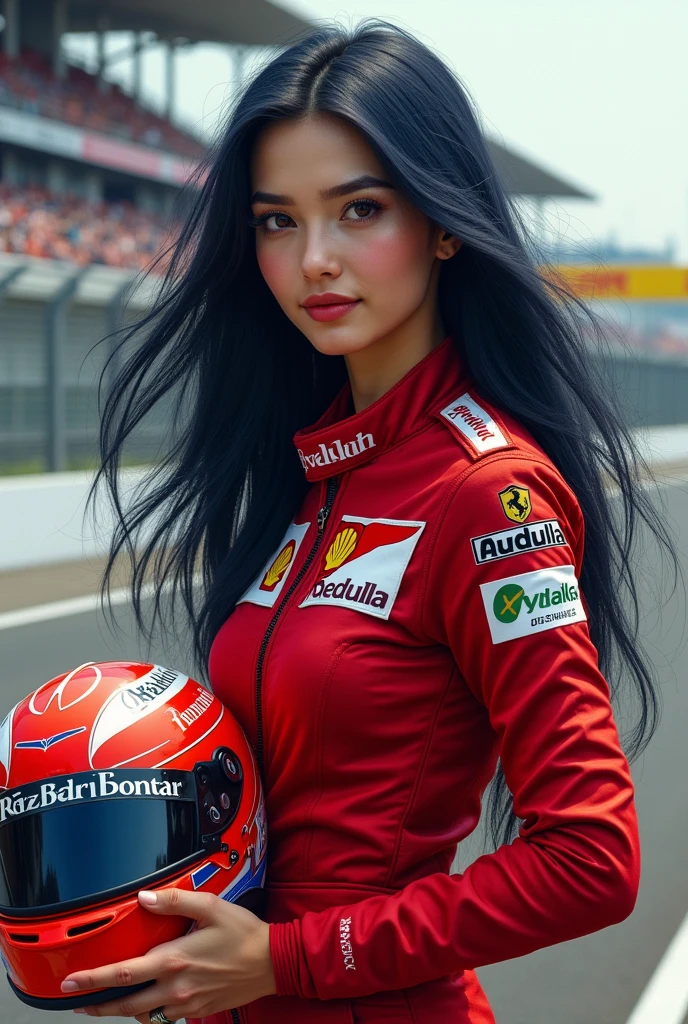 I want a realistic tattoo model of a woman as if she were a Formula 1 driver dressed in a racing suit, holding the helmet that he just took off and his hair flying with the wind hitting his face long hair (butt height) and very smooth blue-black Ayrton Senna's red jumpsuit.
the woman has brown eyes, appears to be approximately 23 years old, has delicate lips and is very white.
she has to be on a race track