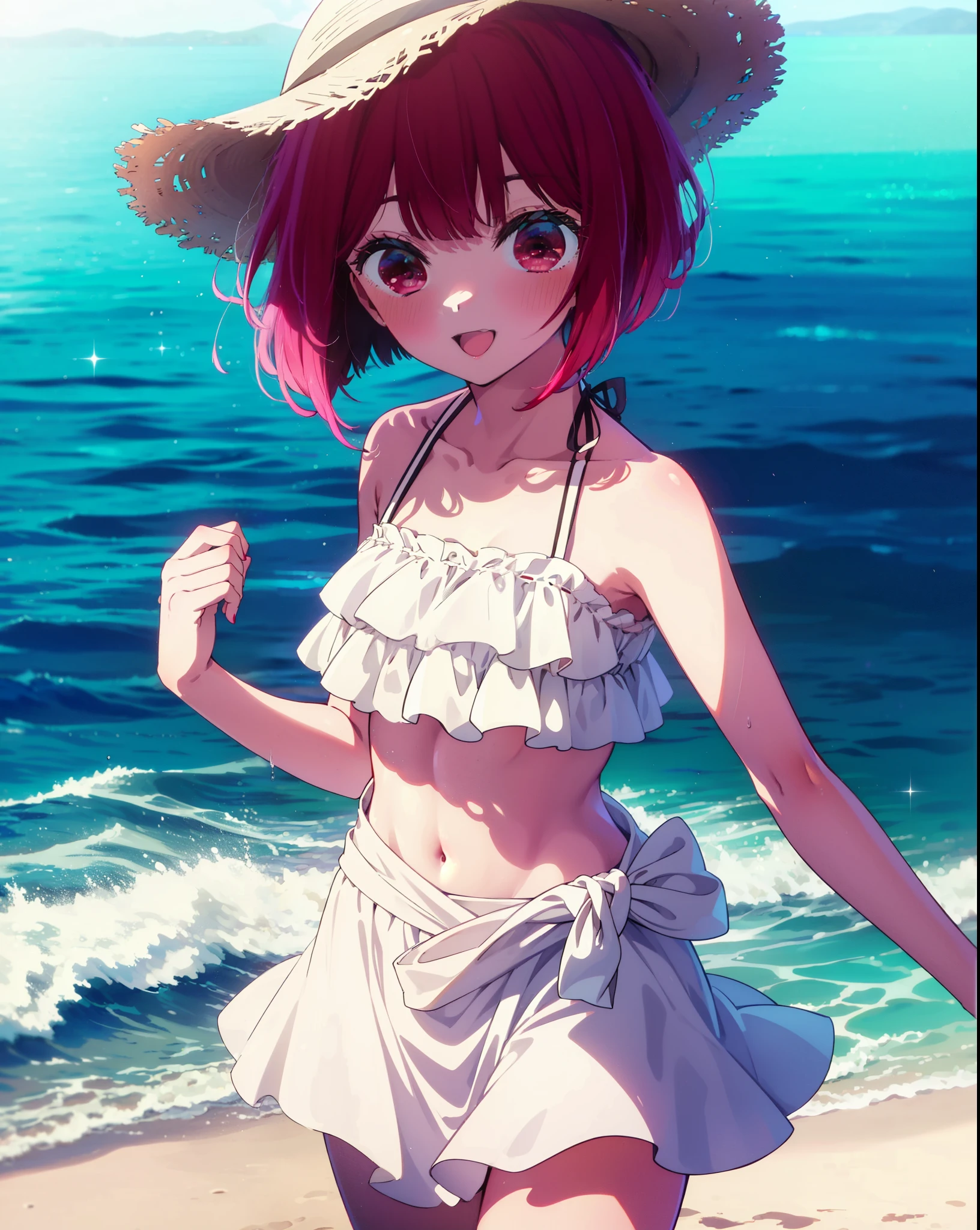 canary, Arima etc., short hair, bangs, (Red eyes:1.3), Redhead, Bobcut, Straw hat,smile,Open your mouth,blush,White string bikini swimsuit with frills,Belly button,abdomen,A thin long skirt is wrapped around her waist,barefoot,Sandy Beachに立っている,whole bodyがイラストに入るように,
break outdoors, Sandy Beach,Beach,
break looking at viewer,whole body, (Cowboy Shot:1. 5),  
break (masterpiece:1.2), Highest quality, High resolution, unity 8k wallpaper, (figure:0.8), (Beautiful attention to detail:1.6), Highly detailed face, Perfect lighting, Highly detailed CG, (Perfect hands, Perfect Anatomy),