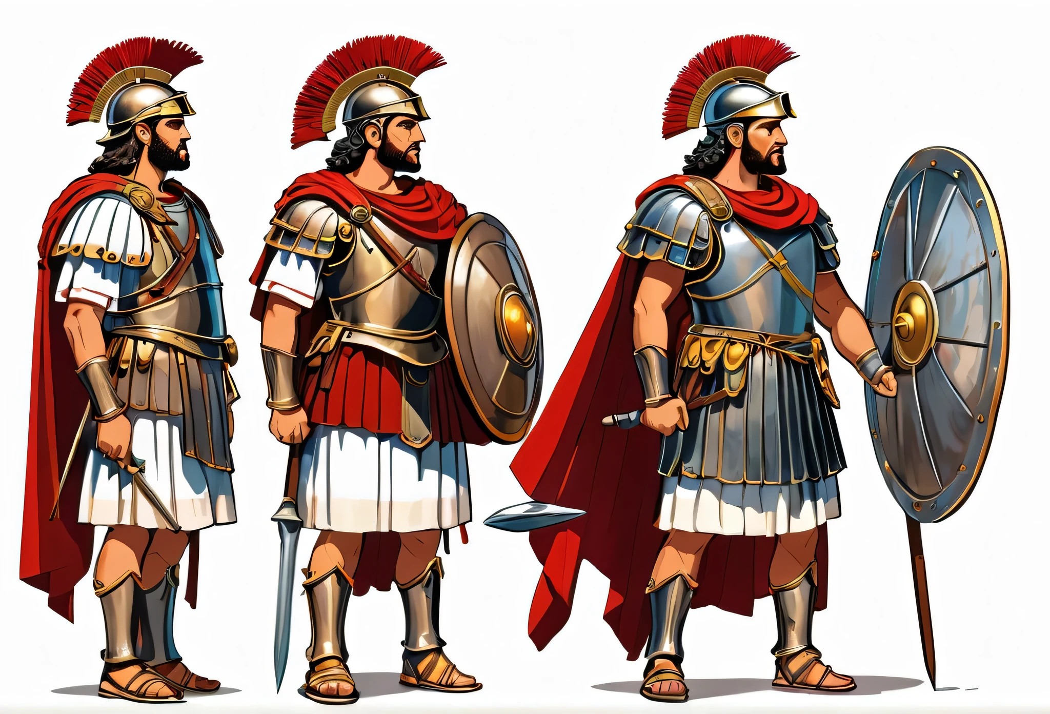  bible story, ancient Rome soldiers, character design. Front view and side view. White background 
 (masterpiece best quality:1.2) delicate illustration ultra-detailed, illustrations, bright, colourful, 