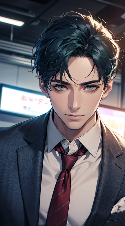 (Highest quality,4K,8K,High resolution,masterpiece:1.2),Super detailed,(Realistic,photoRealistic,photo-Realistic:1.37),1 person,34 years old,Mature Men,Beautiful skin、very handsome,Expressionless smile in love,Short blue hair,green eyes,Sharp Eyes,A perfect face without a doubt,Businessman, CEO, Office Background,Cinema Lighting,HDR image,tie、
