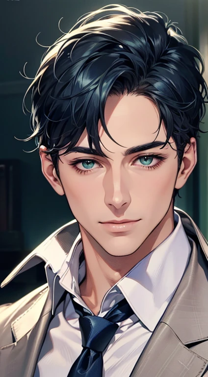 (Highest quality,4K,8K,High resolution,masterpiece:1.2),Super detailed,(Realistic,photoRealistic,photo-Realistic:1.37),1 person,34 years old,Mature Men,Beautiful skin、very handsome,Expressionless smile in love,Short blue hair,green eyes,Sharp Eyes,A perfect face without a doubt,Businessman, CEO, Office Background,Cinema Lighting,HDR image,tie、