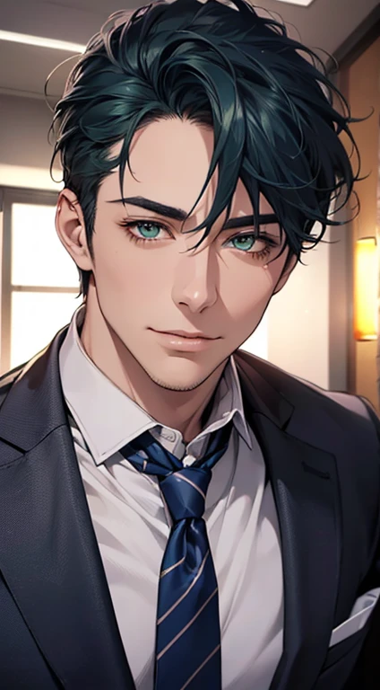 (Highest quality,4K,8K,High resolution,masterpiece:1.2),Super detailed,(Realistic,photoRealistic,photo-Realistic:1.37),1 person,34 years old,Mature Men,Beautiful skin、very handsome,Expressionless smile in love,Short blue hair,green eyes,Sharp Eyes,A perfect face without a doubt,Businessman, CEO, Office Background,Cinema Lighting,HDR image,tie、