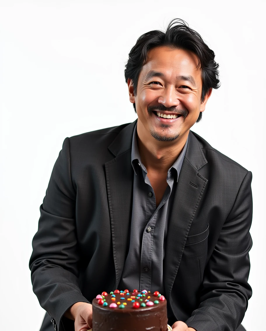 White background,A man, Smiling, Wear a suit , Birthday Cake