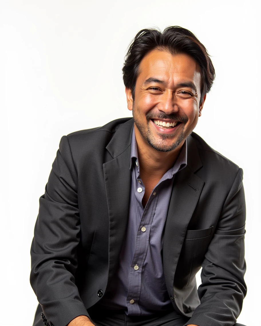 White background，A man, Smiling, Wear a suit , Birthday Cake