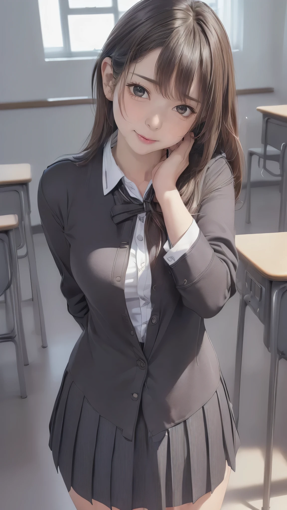 ((clothed:1.5,school uniform:1.5)),(from below:1.2),(Thin type:1.8),(big breasts),(random hairstyle),(Highest image quality,(8k),ultra-realistic,best quality, high quality, high definition, high quality texture,high detail,beautiful detailed,fine detailed,extremely detailed cg,detailed texture,a realistic representation of the face,masterpiece,Sense of presence)