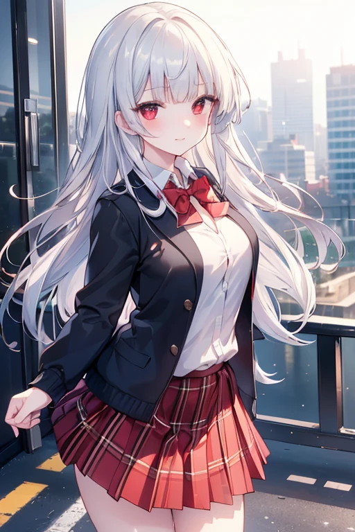 ((masterpiece, best quality, highres, UHD, perfect pixel, depth of field)), (smooth CG, photorealistic:1.1, realistic texture, detailed face), Rio, 1girl, medium breasts, seductive, busty, smile, natural light, cinematic, silver hair, long hair, blunt bangs, (red eyes, beautiful pupils), (school uniform, cardigan, red bowtie, plaid skirt, black jacket), street view, dynamic pose, pov, look at viewer, blushing