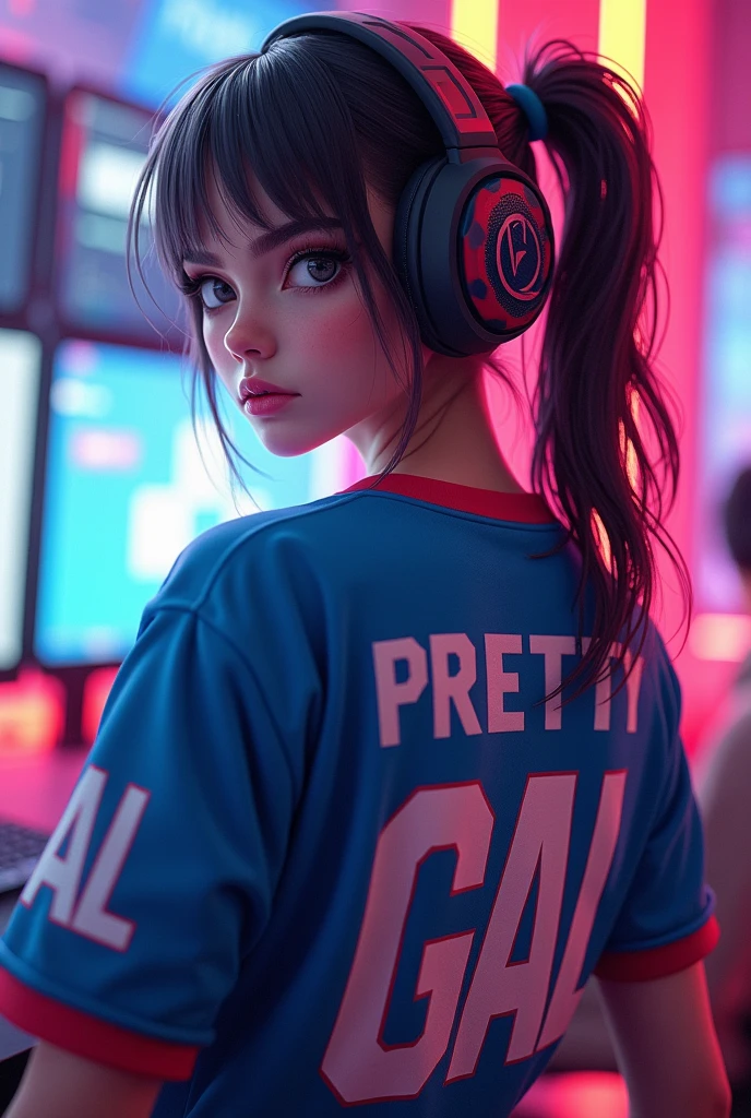 A young woman with esports jersy and has a "Pretty GAL" name on the back
