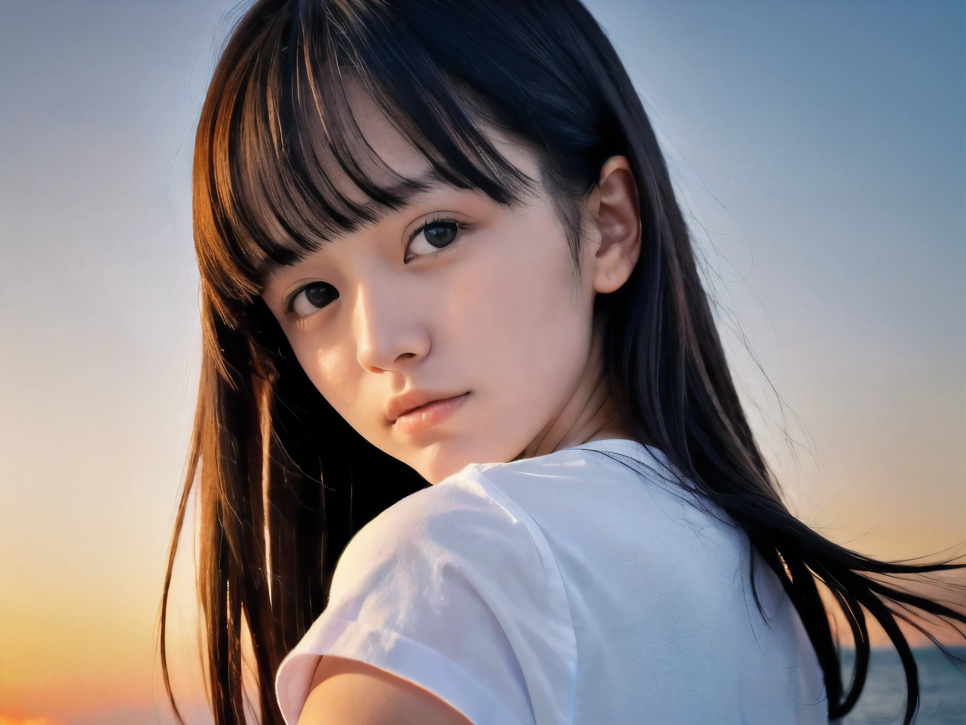 (Close up face shot of slender small-breasted dark silver long hair with swept bangs girl wearing a white T-shirt only:1.5)、(One girl is looking back and close her eyes with tears on the coast in Japan:1.5)、(Beautiful after sunset red sky with big red cloud:1.5)、(blurred background:1.5)、(Natural light:1.5)、(8k ultra detailed master piece:1.5)、(perfect anatomy:1.5)、(Photorealistic stick:1.5)、(Raw photo:1.3)、(highest quality:1.5)、(High resolution:1.3)、(Delicate and beautiful perfect face:1.3)、(Delicate and beautiful eye air skin:1.3)、(Real Human Skin:1.3)、((thin legs))