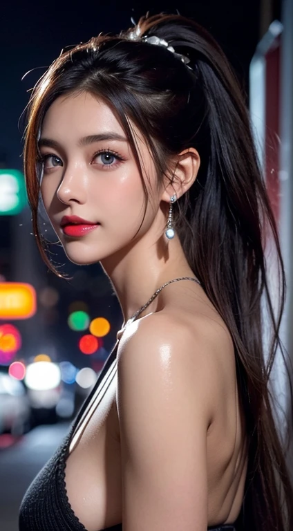 Urban beautiful girl college student, masterpiece, black bikini, light makeup, red lips, silver hair, messy long hair, street background, beautiful, elegant. super fine details, master works, authentic texture, cinematic lighting realism, perfect job, 16K, hd, exquisite features,blue eyes、japanese idol、Beautiful Face、cute smile、brown hair、beautiful hair、ponytail、glamorous、 big breasts、erect nipples、Oily muscle、shiny skin、tanned skin、Black glowing skin、Sexy knitted sweaters, bright big eyes, smooth skin, earrings, necklace, tattoo, showing your big ass.