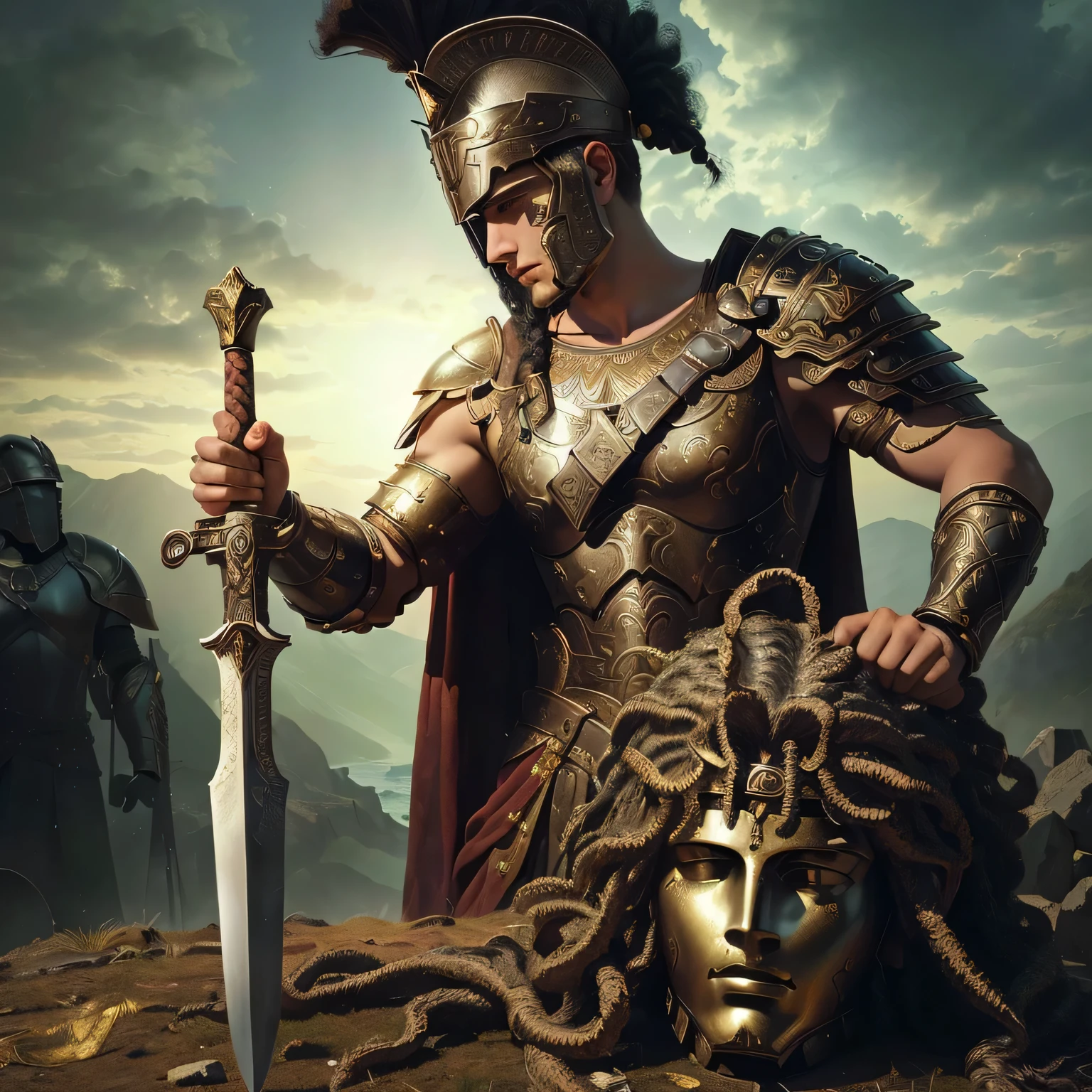 Eventually, the young hero Perseus was tasked with slaying Medusa,Arafed image of a man in armor holding a sword and Medusa, Ancient soldiers, Spartan warrior, Digital Painting of Greek Mythology, Greek God, Ancient warriors, Greek Mythology characters, dressed in Spartan armour, Greek Mythology, Spartan, Roman mythology, Greek Gods, Album art, Roman Centurion, Dramatic works of art, Greek Dark Mythology, classic Roman mythologyology