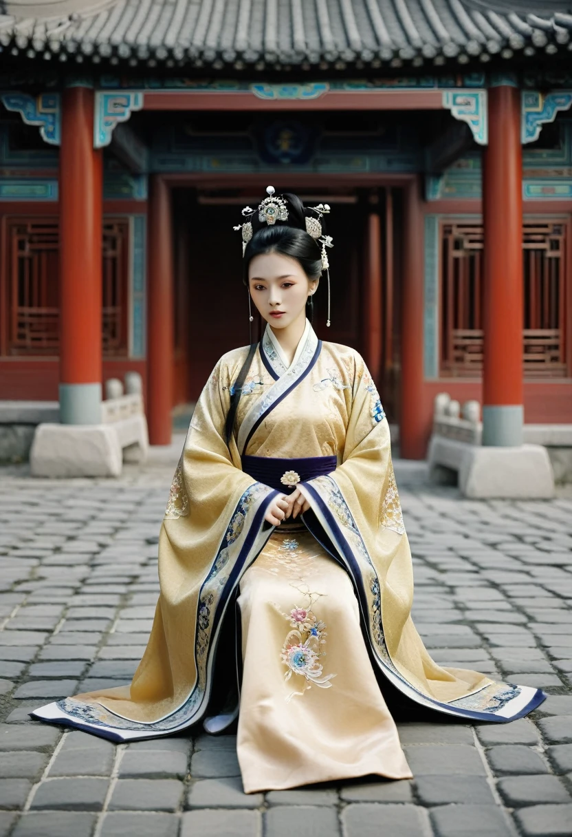 Cobblestones outside a Chinese palace during the Qing Dynasty letter M(Porn Pose) A gorgeous Chinese imperial empress with her hair tied on both sides and wearing a crown、Background of kinky and erotic woman tying her hair、The story is set in the luxurious rooms of an empress in the Chinese imperial court during the Qing dynasty.。
