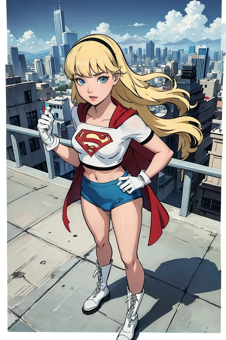 (cowboy shot), SFW, (masterpiece), (Best Quality: 1.0), (ultra high resolution: 1.0), detailed eyes, BREAK Supergirl, 1 girl, 25 years, long blonde hair, perfect anatomy, hair band, \(white\) crop top, Dolphin shorts, gloves, boots BREAK (clouds, city, Awesome view) sexy, Awesome, flying in the air, sexy, big , no panties, Without trousers, standing, showing the tail, wet vagina, very visible anus