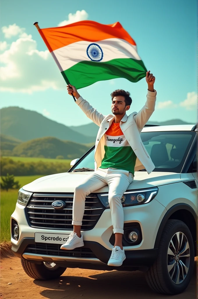 Create an Real image featuring a young man sitting on the hood of scorpio car, with Indian's scenic background. He's holding a flag celebrating Indian 15th August. The boy wears a tirnga T-shirt with 'soumyadip' printed on it, white jacket, white pants, white shoes