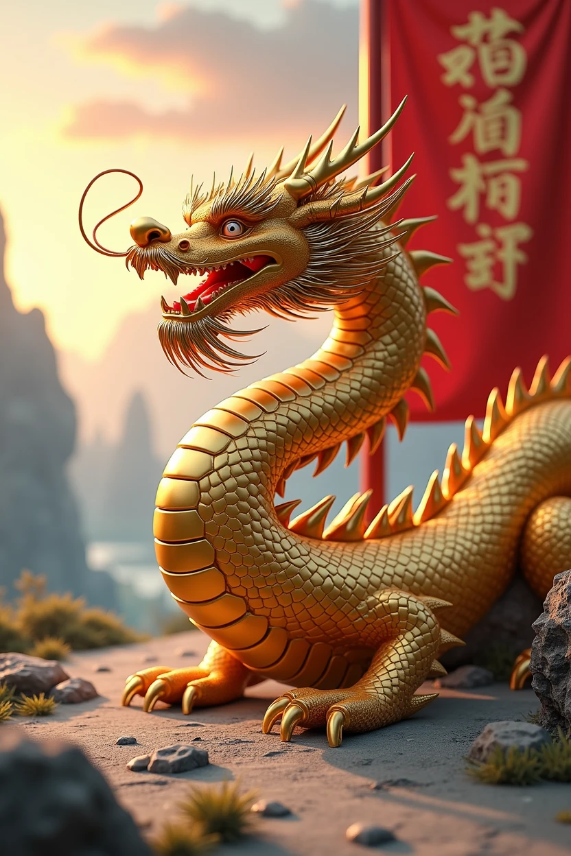 Chinese style golden dragon,Dragon on the ground,see diamond crystal,golden chain,,background chinese style,Mountains and rivers,dragon huge,background flag waving,flag write"Great"