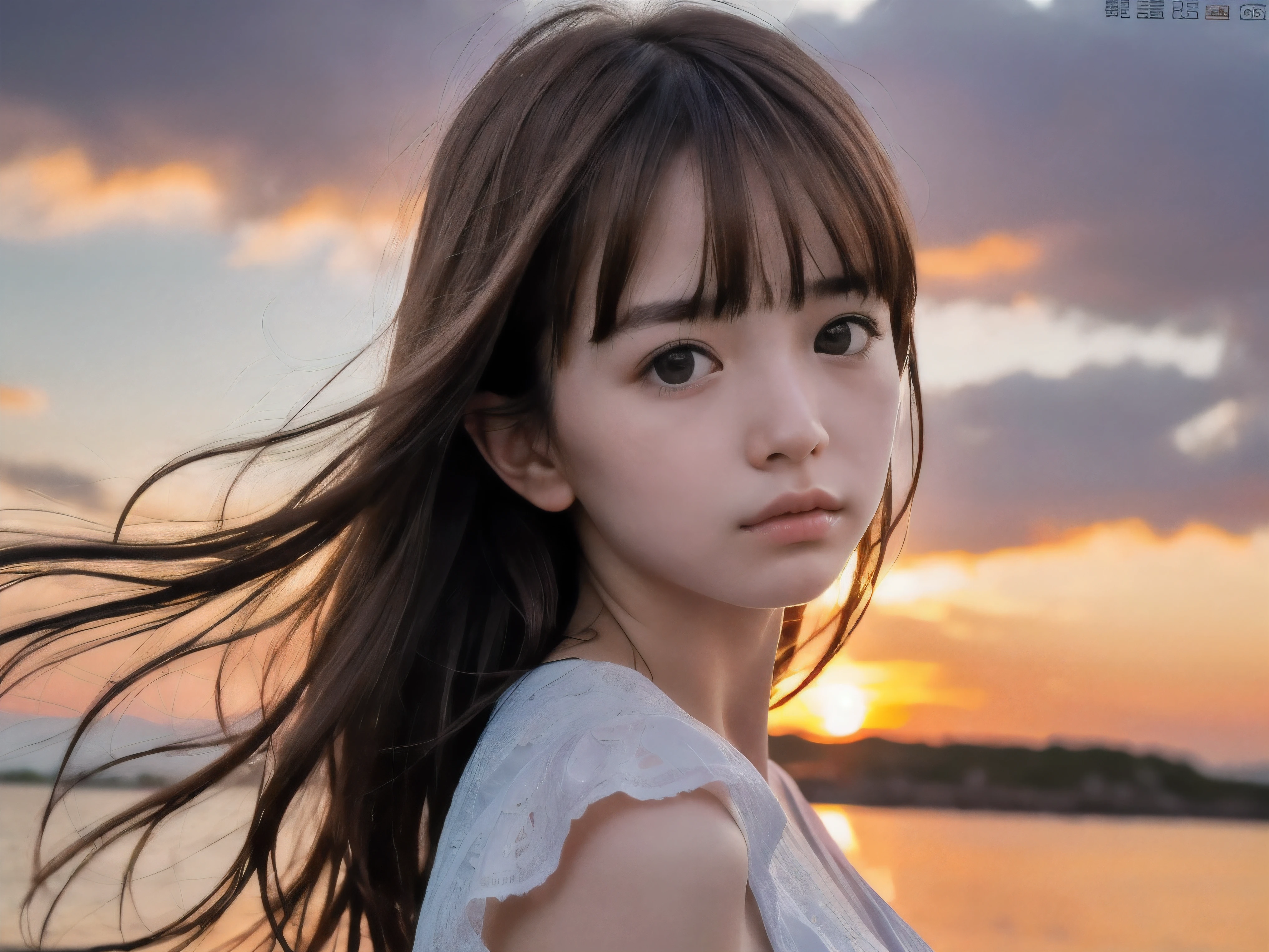 (Close up face shot of slender small-breasted red brown wavy long hair with dull bangs girl wearing a white summer dress:1.5)、(One girl is looking back and close her eyes with tears on the coast in Japan:1.5)、(Beautiful after sunset red sky with big red cloud:1.5)、(blurred background:1.5)、(Natural light:1.5)、(8k ultra detailed master piece:1.5)、(perfect anatomy:1.5)、(Photorealistic stick:1.5)、(Raw photo:1.3)、(highest quality:1.5)、(High resolution:1.3)、(Delicate and beautiful perfect face:1.3)、(Delicate and beautiful eye air skin:1.3)、(Real Human Skin:1.3)、((thin legs))