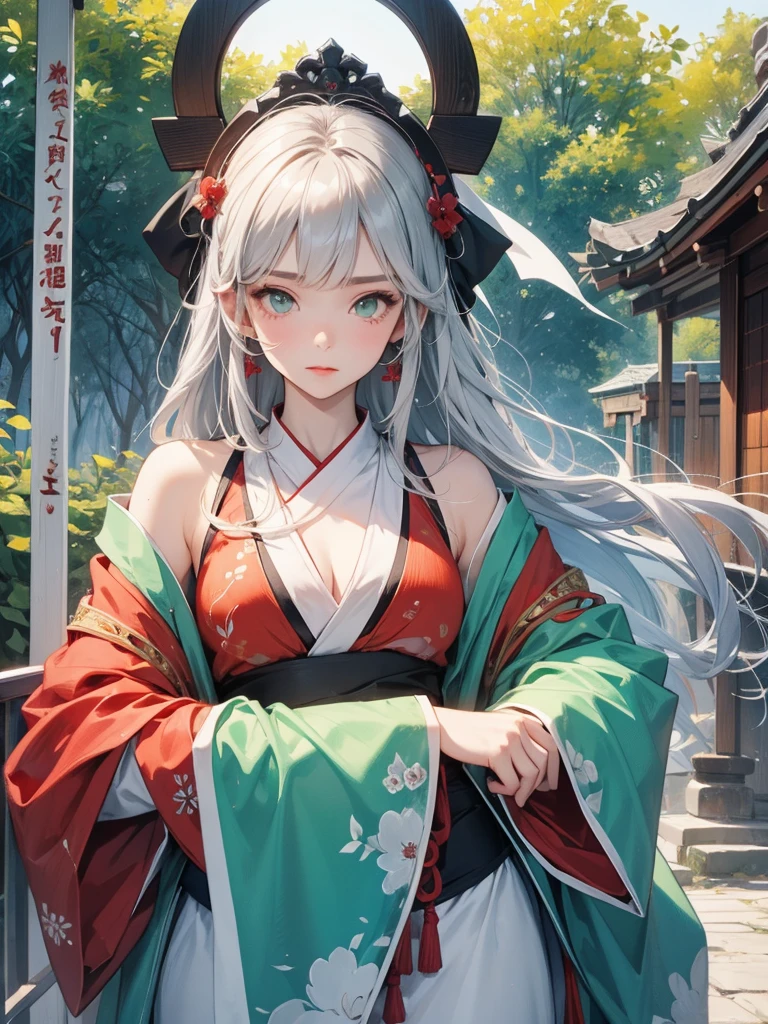 Two beautiful girls、Shrine maiden、Dance、sacred、shrine、Silver Hair、Jade green eyes