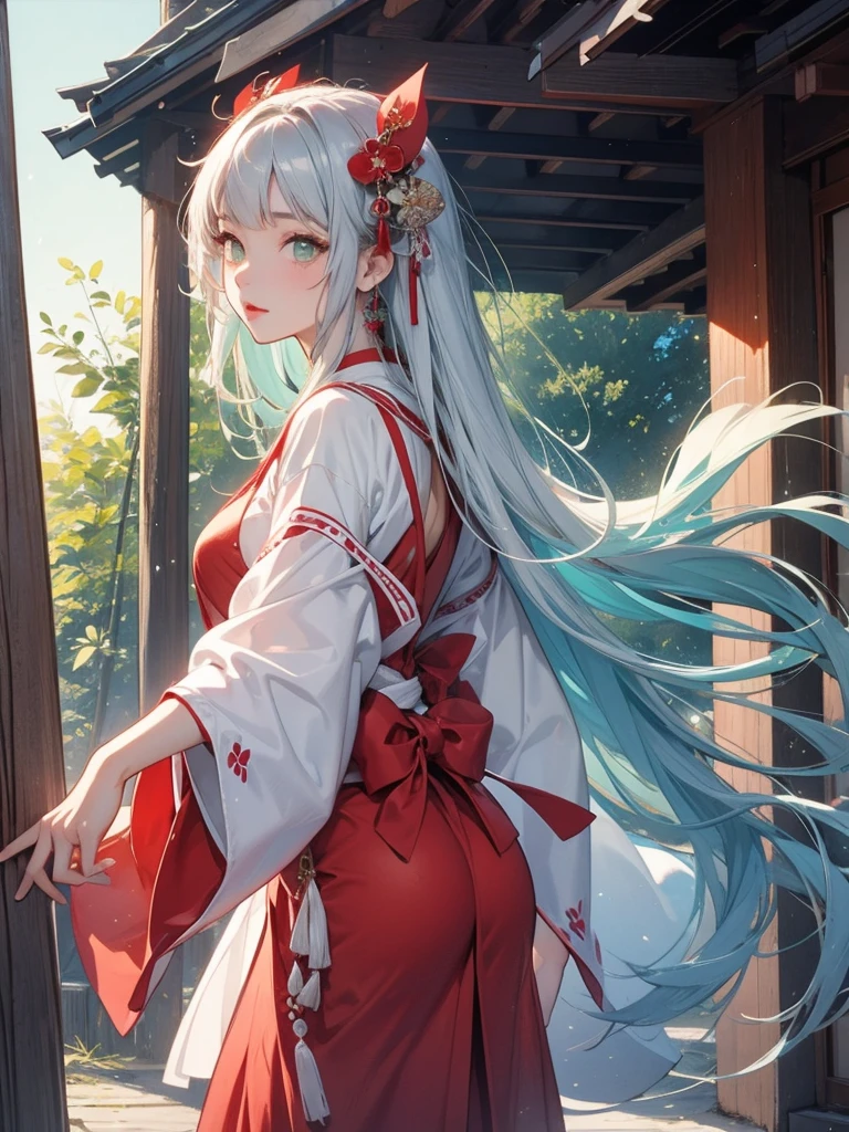 Two beautiful girls、Shrine maiden、Dance、sacred、shrine、Silver Hair、Jade green eyes