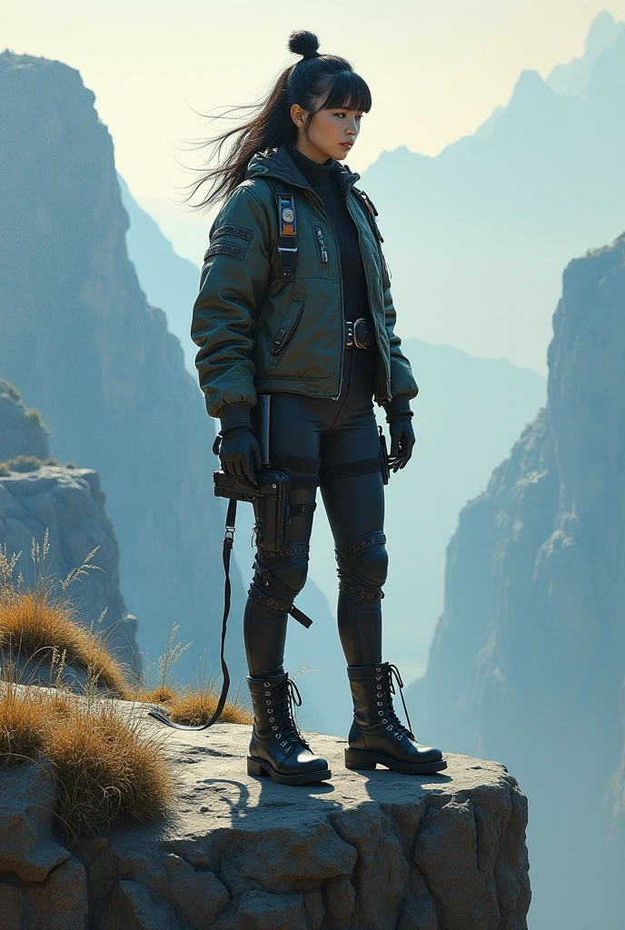 hyper realistic, cinematic lighting,  fachine oil painting  Woman  on a cliff, dynamic pose, full body, bright color is truly stunning, as if highlighted by minimal light but very clear, the woman is wearing a tactical jacket and tactical pants, boots by Yoji Shinkawa and Yohji Yamamoto , detailed, HD.4k.