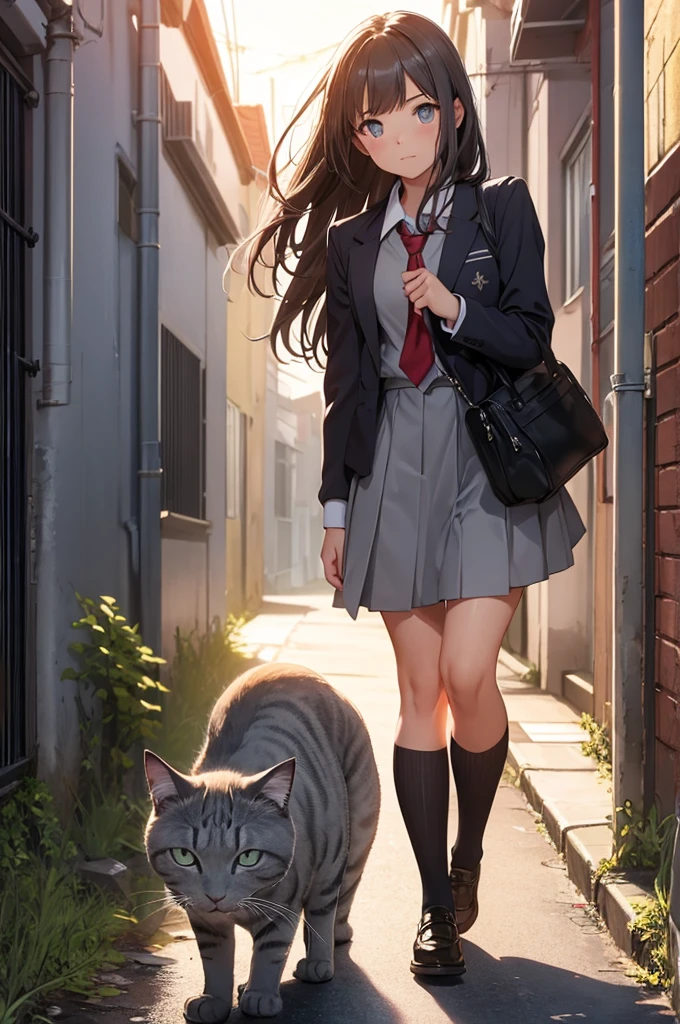 girl in school uniform touching a grey cat, alleyway, sunset, close up