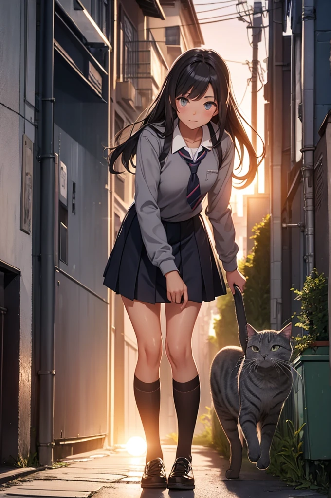 girl in school uniform touching a grey cat, alleyway, sunset, close up