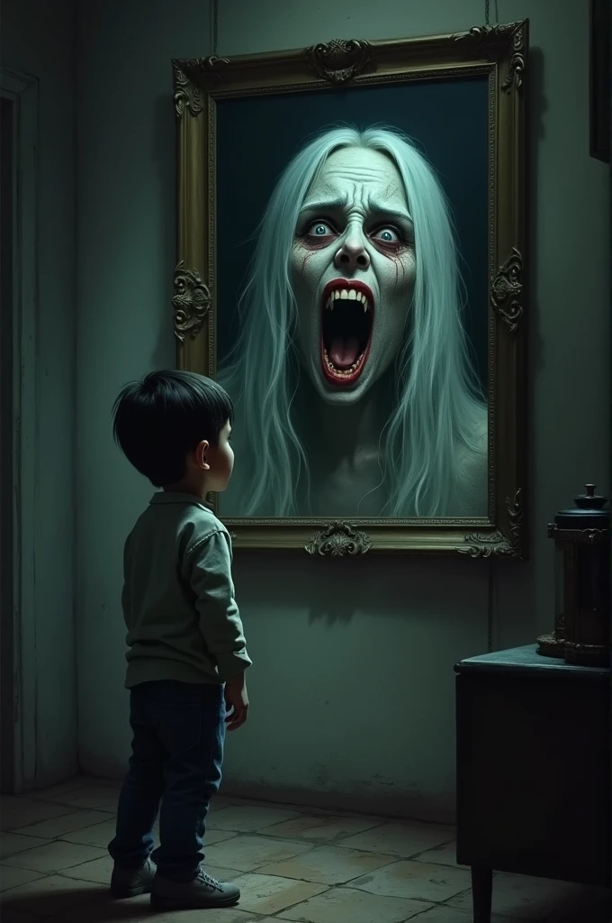 A picture of a woman with terrible horror (ghost) face is hanging on the wall and a boy is watching it with scary face