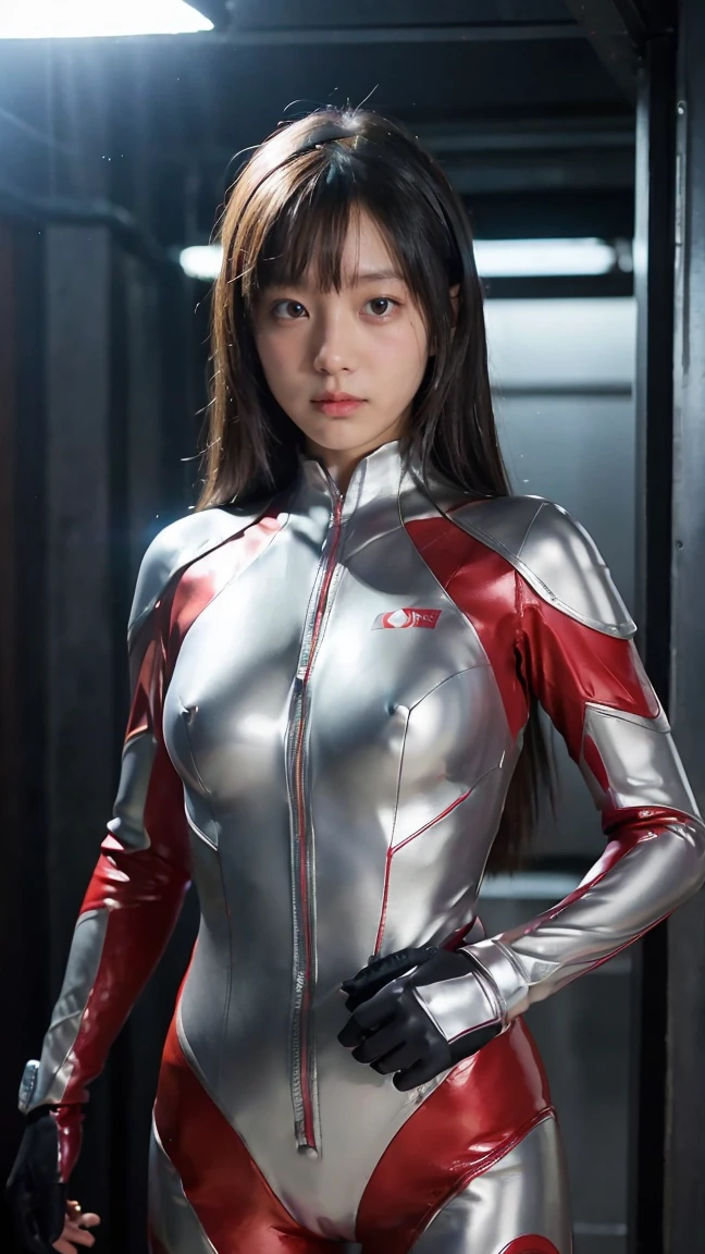 Ultraman、realistic、realistic、cinematic lighting, Girl in a shiny red and silver suit、、professional photos、Don'Do not expose your skin, japanese model, japanese cgi、Ultraman Suit、, Power Rangers Suit、tight and thin cyber suit,Whole body rubbery、There's pink There、 delicate body, big breasts、small ass、thin thighs、thin arms、thin waist、camel toe、Both sides of the cyber suit stick to the skin、Big eyes、black short hair、facing the front、facing the front立っている、A glowing sphere is embedded in the chest.、Essay Examination、 blue sky background