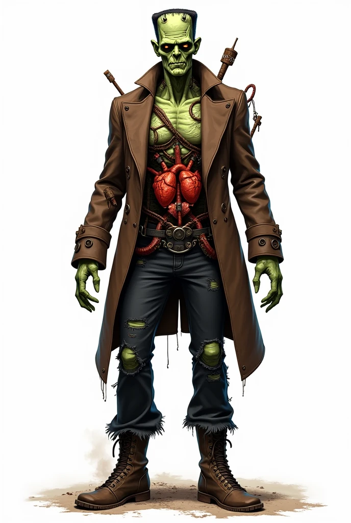 drawning, bright coloured, Frankenstein&#39;s monster, Gothic style, baldie, square forehead, greenish wrinkled skin, wearing a brown overcoat with torn sleeves, ripped black pants, boots with iron piece details, rusty iron parts throughout the body, two for rays adapted to the column, glass exposing two hearts on the belly, suture marks on forehead and arms, white background, fully body 