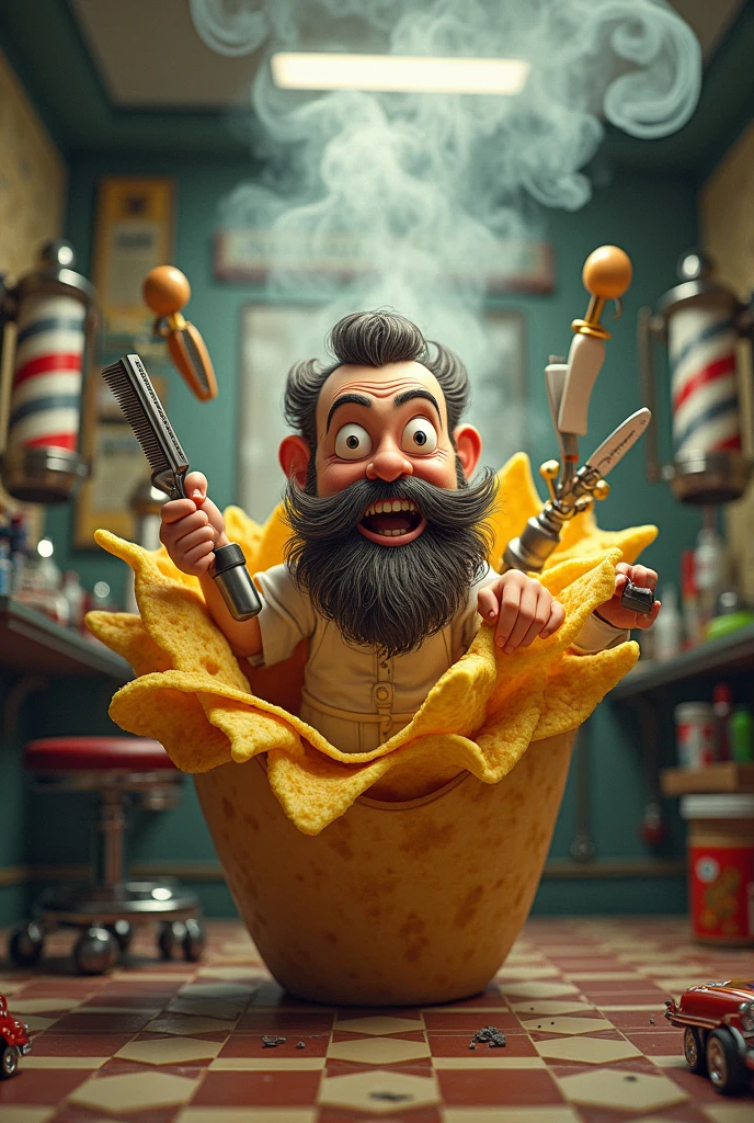 Please generate an image that has as title (Nacho barber) Coming out of a nacho and having razors and many things around that have to do with barbershops, that looks amazing just from the barbershop
