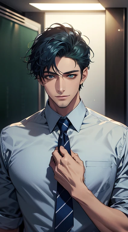 (Highest quality,4K,8K,High resolution,masterpiece:1.2),Super detailed,(Realistic,photoRealistic,photo-Realistic:1.37),1 person,34 years old,Mature Men,Beautiful skin、very handsome,Expressionless smile in love,Short blue hair,green eyes,Sharp Eyes,A perfect face without a doubt,Businessman, CEO, Office Background,Cinema Lighting,HDR image,tie、