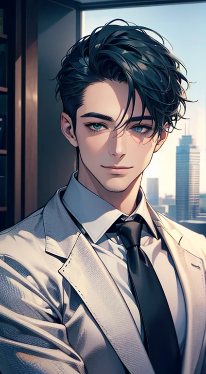 (Highest quality,4K,8K,High resolution,masterpiece:1.2),Super detailed,(Realistic,photoRealistic,photo-Realistic:1.37),1 person,34 years old,Mature Men,Beautiful skin、very handsome,Expressionless smile in love,Short blue hair,green eyes,Sharp Eyes,A perfect face without a doubt,Businessman, CEO, Office Background,Cinema Lighting,HDR image,tie、