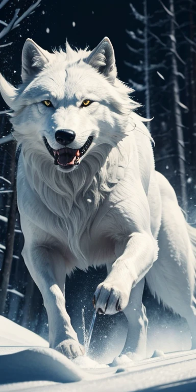 arctic wolf holding sword in mouth, action shot, visible slashes, cinematic lighting, dramatic composition, ultra-detailed, hyperrealistic, 8k, photorealistic, professional lighting, dramatic atmosphere, powerful expression, intense action, muscular wolf, glowing eyes, bared teeth, snow background, frozen landscape, cinematic angle, motion blur, dynamic pose, chiaroscuro lighting, intricate textures, high contrast, vivid colors, powerful presence