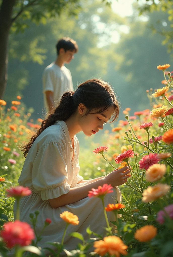 A beautiful girl who is sitting on her knees in garden and seeing and touching flowers like azaleas zinnias baslam and a beautiful boy in white shirt who is standing far and covering her from sunlight but she is unable to see him because of sunlight  
(I want girl facing  facing towards him)  