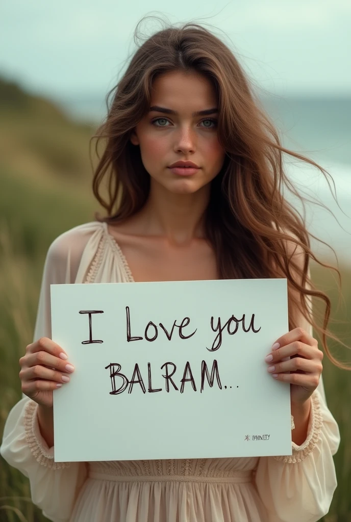 Beautiful girl with wavy long hair, bohemian dress, holding a white board with text "I Love you BALRAM Seaart Infinity" and showing it to the viewer