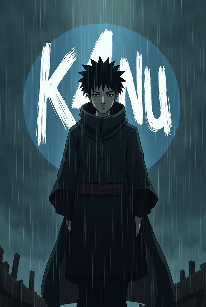 Obito standing in the rain and K4NU written on the image circular image