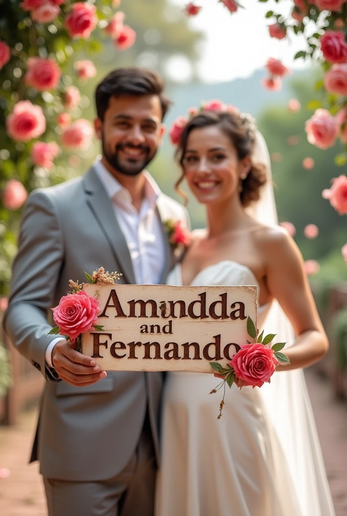 Newly married couple holding a sign hanging from a rope that says Amanda and Fernando forever