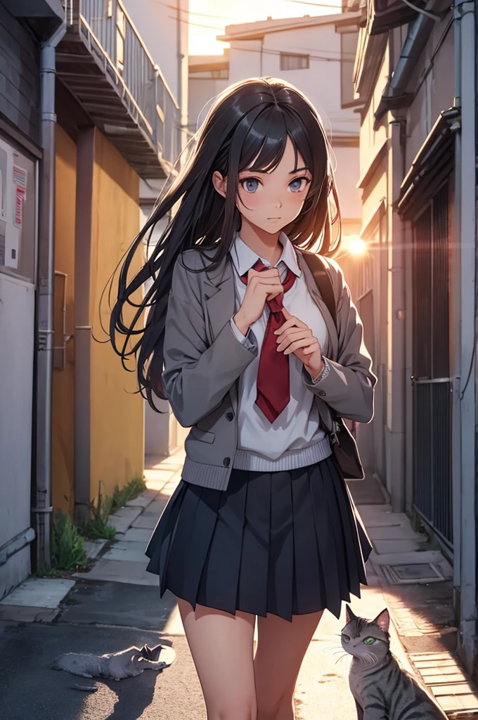 girl in school uniform touching a grey cat, alleyway, sunset, close up