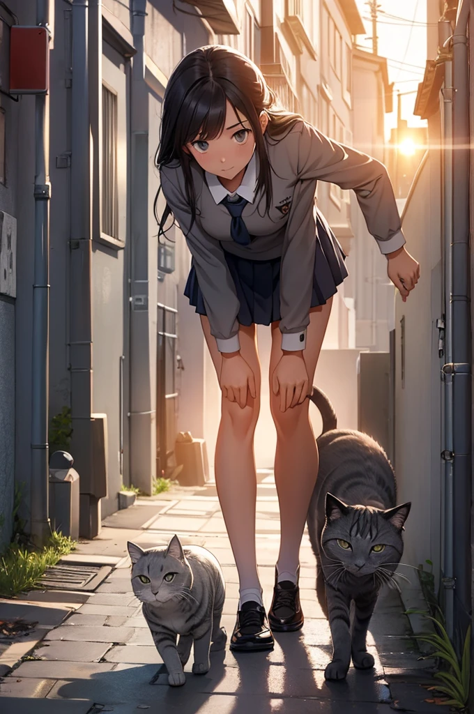 girl in school uniform touching a grey cat, alleyway, sunset, close up