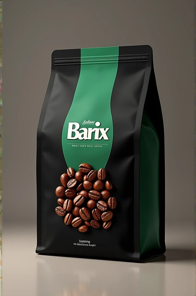 I want a new and special package for coffee beans in the form of a rectangular container with four sides, black color and one very dark green color, with Barix brand and a photo of coffee beans on the package.