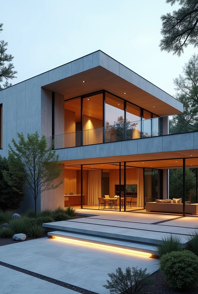 (photorealism:1.2), Modern house, Kengo Kuma, suburban, glass walls, two-story house, grand entrance, house with patio,zen garden in the front, garage doble, Luxury house, They have marble cladding on the outside, warm, attractive, exterior shot, Photography, digital slr camera, I'm walking, Kengo Kuma, pintrest, High Definition,
INFO