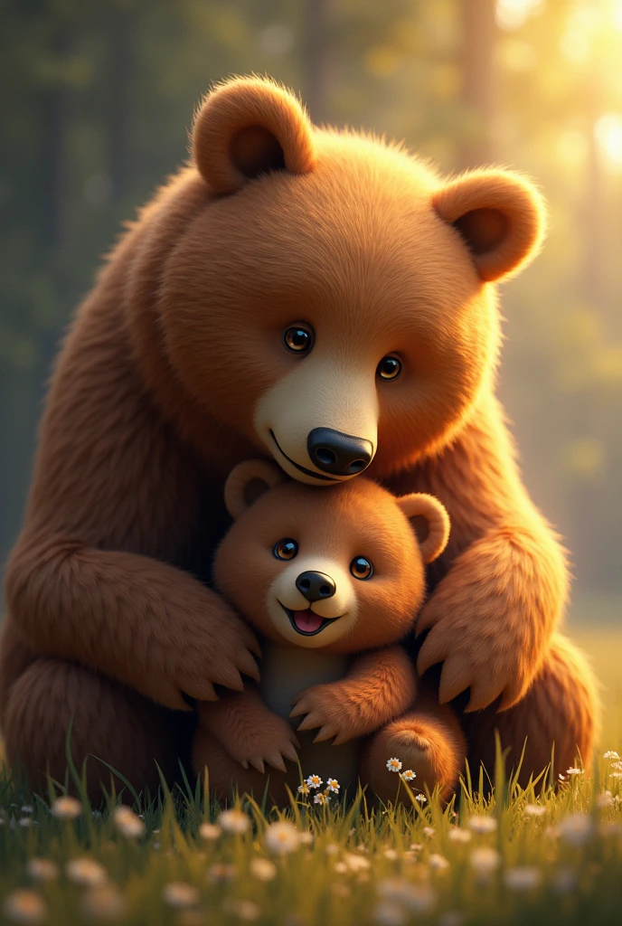 A large bear with warm brown fur and loving eyes. She is protective of her cub and grateful for the help she receives.