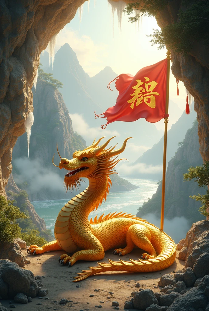 Chinese style golden dragon,Dragon on the ground,See the Diamond Crystal Cave,background chinese style,Mountains and rivers,dragon huge,background flag waving,flag write"Great"