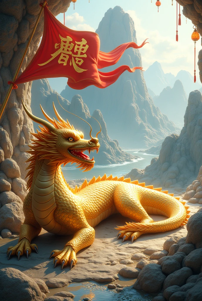 Chinese style golden dragon,Dragon on the ground,See the Diamond Crystal Cave,background chinese style,Mountains and rivers,dragon huge,background flag waving,flag write"Great"