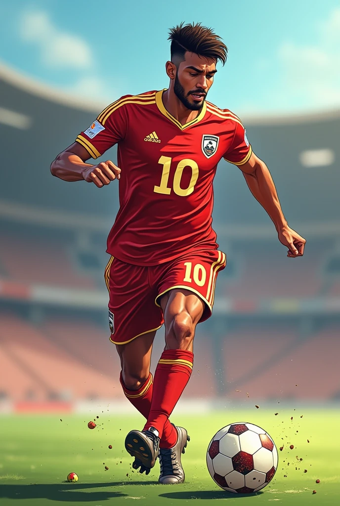 Created an cartoon image of an 27 years old man with short beards and short hairs. Playing football wearing Mohun Bagan origina Jersey with written number 10 and Name - Arnab Datta on Back and front of the jersey.