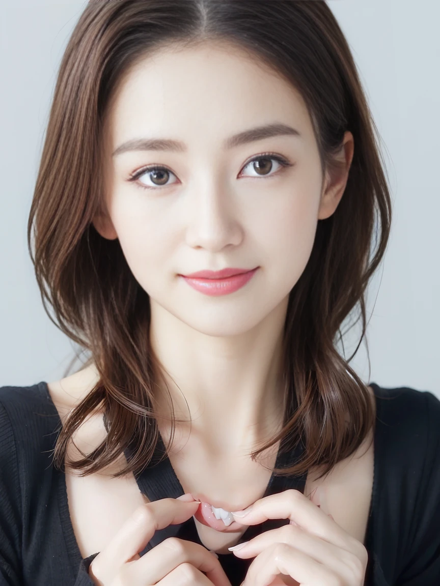 (Highest quality、Tabletop、8k、Best image quality、Award-winning works)、One beautiful woman、Beautiful and elegant long hair、Beautiful black hair、(alone:1.1)、(Perfect colorful V-neck long sleeve knit:1.4)、(The simplest black background:1.4)、とてもBig Breasts、Accentuate your body lines、Beautiful and exquisite、look at me、(Perfect Makeup:1.1)、Bright lipstick、Ultra-high definition beauty face、Ultra HD Hair、Ultra HD Shining Eyes、Ultra High Resolution Perfect Teeth、Super high quality glossy lip、Accurate anatomy、Very beautiful skin、Glowing skin in ultra-high resolution、An elegant upright posture when viewed from the front、(very bright and vivid:1.2)、(Slender body:1.2)、(Cleavage:1.1)、(Big Breasts:1.1)、Shiny, Bright lipstick、(Face close-up:1.2)、(58 years old:1.4)、(Wrinkled adult face:1.5)、((Randomly oriented bodies))、Westshot、