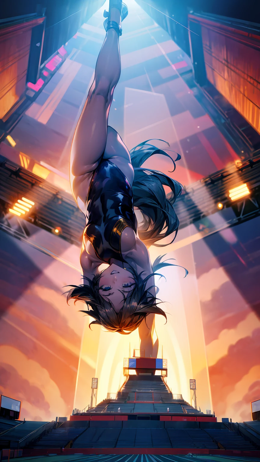 1 sexy giantess gymnast, performing in the middle of a stadium, mid-performance, wearing a sleek leotard, front view, bright stadium lights, large crowd in the background, athletic and toned body, confident expression, elegant pose, long hair tied back, high quality, highly detailed, masterpiece, dramatic lighting
